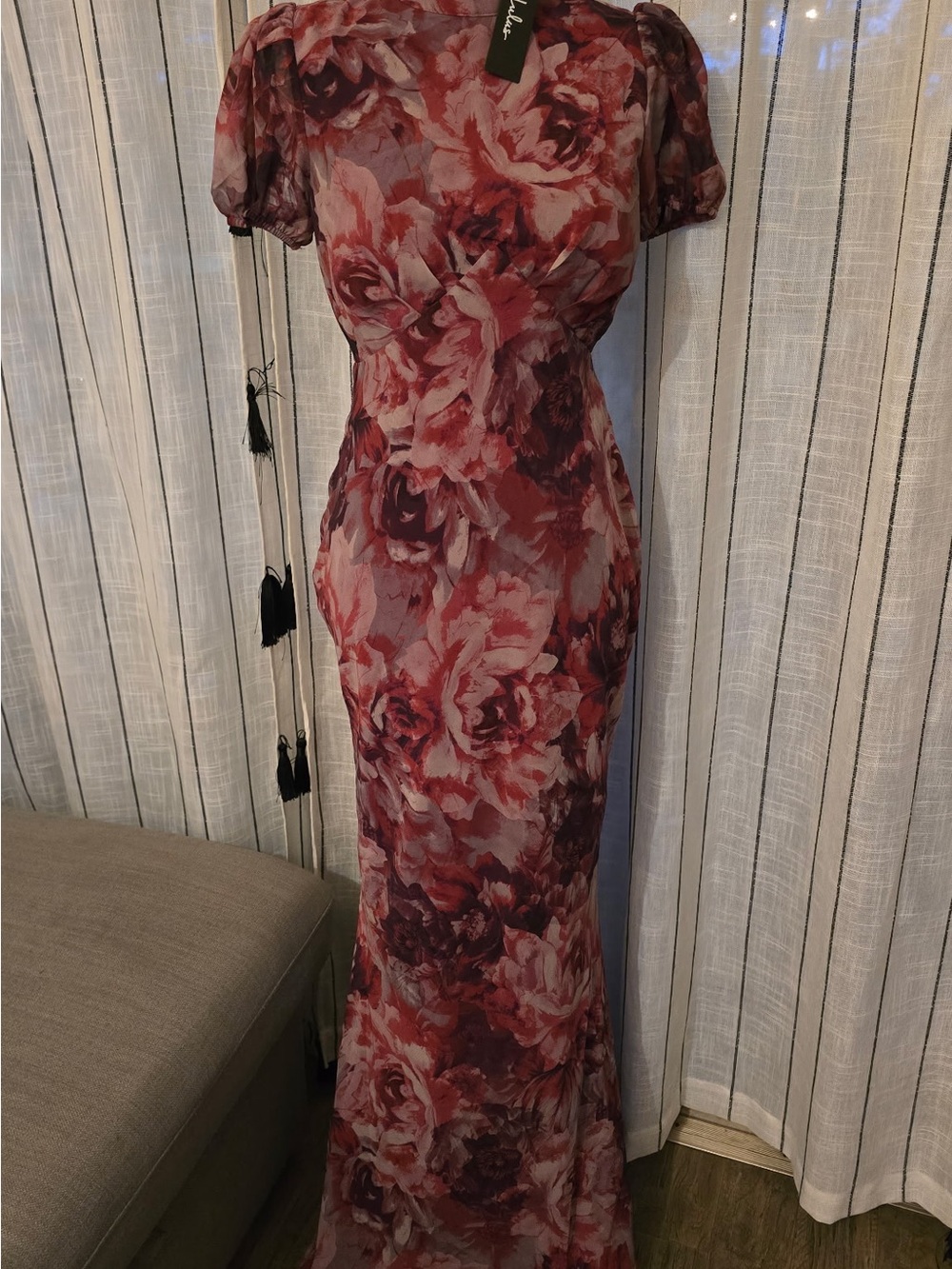 Lulu's Red and Pink Floral Maxi Dress with Puff Sleeves